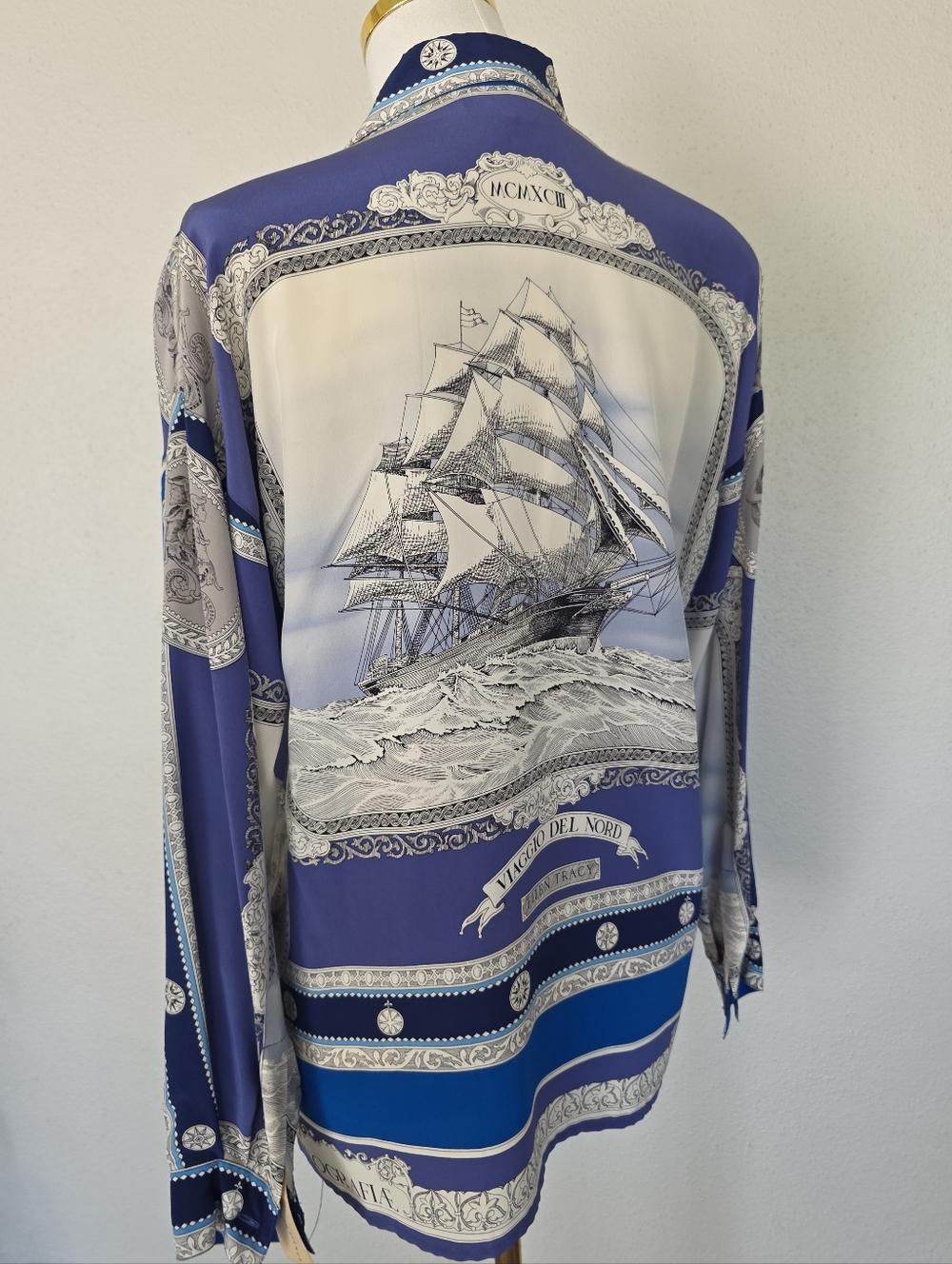 Vintage 90s Silk Blouse Nautical Scarf Print Ship Blue Linda Allard Ellen Tracy